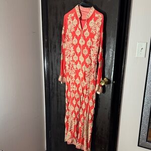 Elegant Red and Cream Patterned Maxi Dress